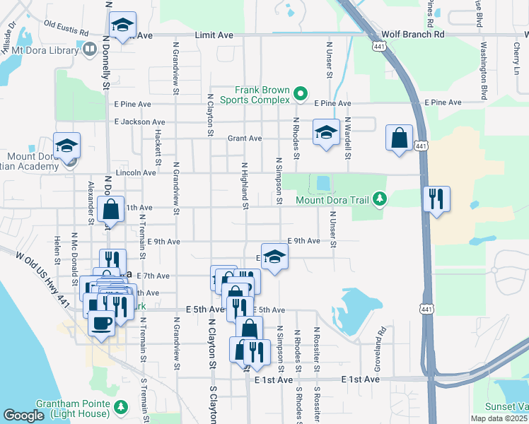 map of restaurants, bars, coffee shops, grocery stores, and more near 911 East 11th Avenue in Mount Dora