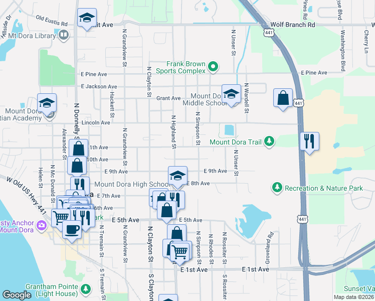 map of restaurants, bars, coffee shops, grocery stores, and more near 911 East 11th Avenue in Mount Dora