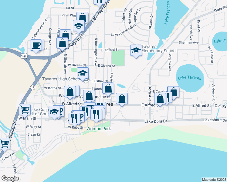 map of restaurants, bars, coffee shops, grocery stores, and more near 420 North Disston Avenue in Tavares
