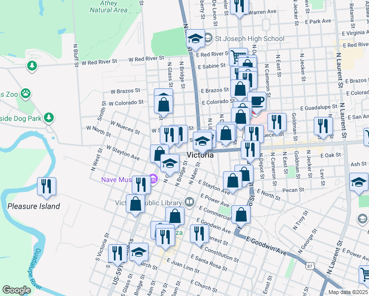 map of restaurants, bars, coffee shops, grocery stores, and more near 1203 North Bridge Street in Victoria