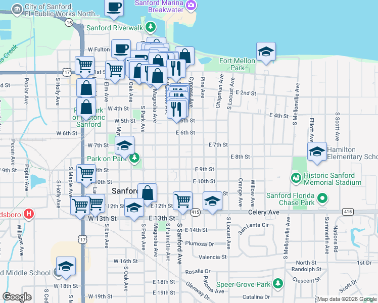 map of restaurants, bars, coffee shops, grocery stores, and more near 704 Cypress Avenue in Sanford