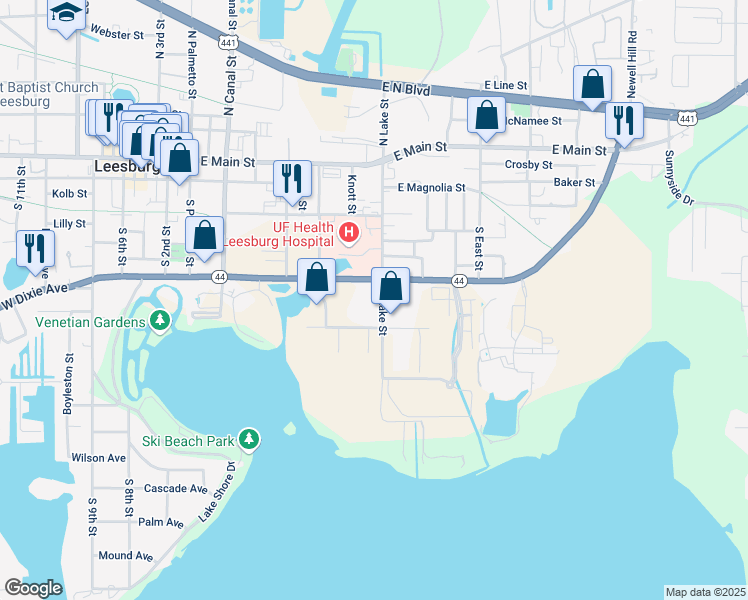map of restaurants, bars, coffee shops, grocery stores, and more near 715 East Dixie Avenue in Leesburg