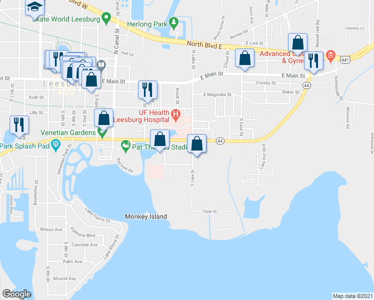 map of restaurants, bars, coffee shops, grocery stores, and more near 715 East Dixie Avenue in Leesburg