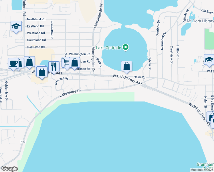 map of restaurants, bars, coffee shops, grocery stores, and more near 1801 Lakeshore Drive in Mount Dora