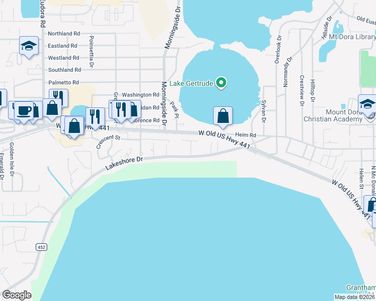 map of restaurants, bars, coffee shops, grocery stores, and more near 1801 Lakeshore Drive in Mount Dora
