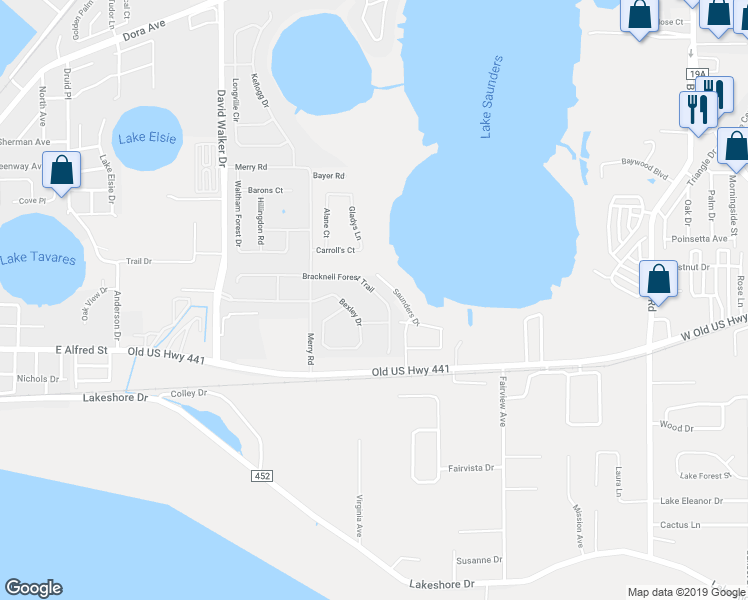 map of restaurants, bars, coffee shops, grocery stores, and more near 2461 Bracknell Forest Trail in Tavares
