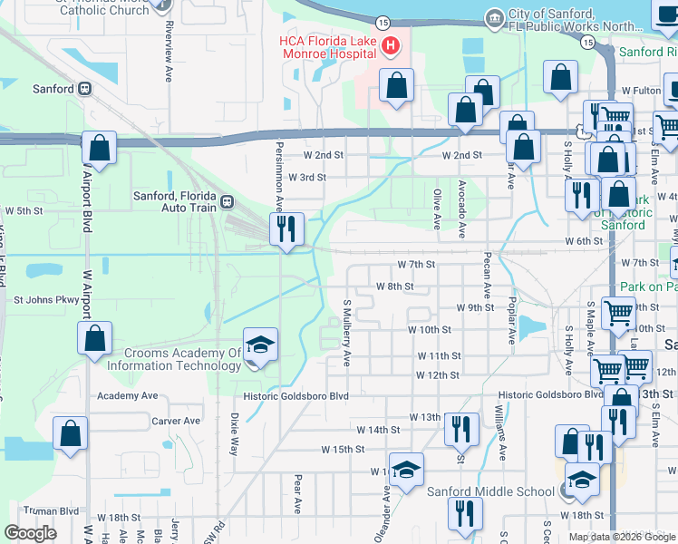 map of restaurants, bars, coffee shops, grocery stores, and more near 1716 West 8th Street in Sanford