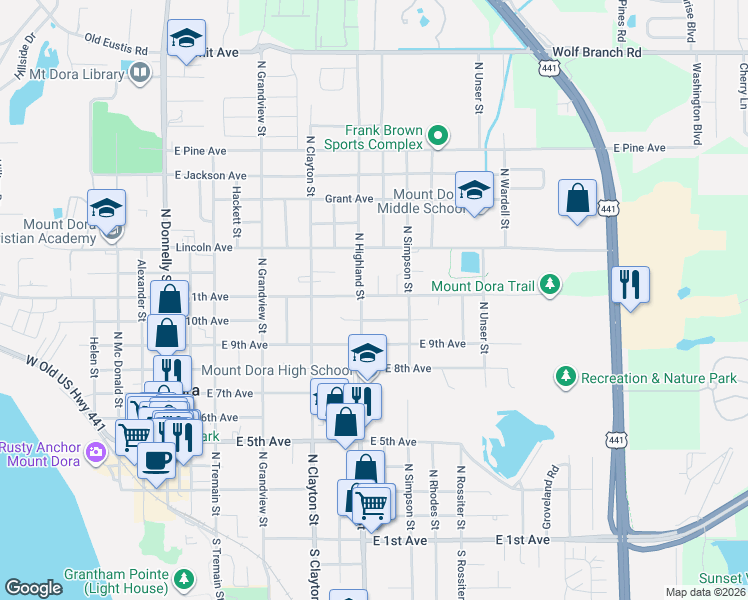 map of restaurants, bars, coffee shops, grocery stores, and more near 911 East 11th Avenue in Mount Dora