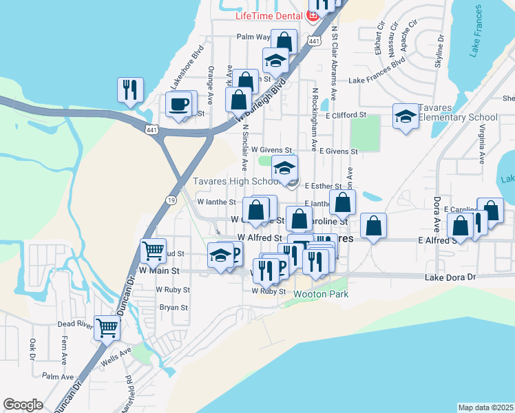 map of restaurants, bars, coffee shops, grocery stores, and more near 423 North Texas Avenue in Tavares