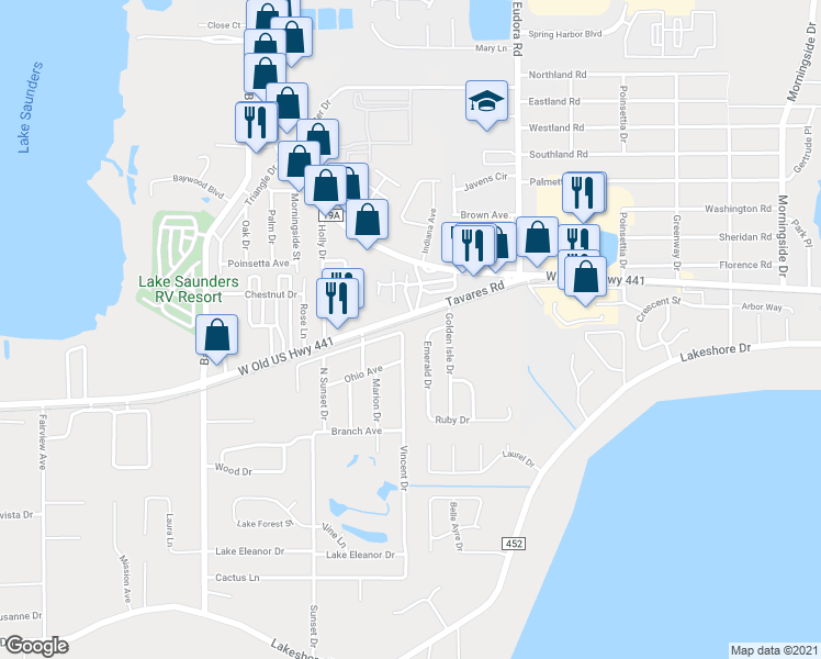 map of restaurants, bars, coffee shops, grocery stores, and more near 1100 Vincent Drive in Mount Dora