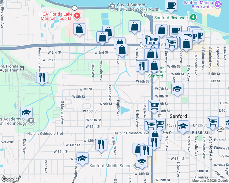 map of restaurants, bars, coffee shops, grocery stores, and more near 701 Pecan Avenue in Sanford