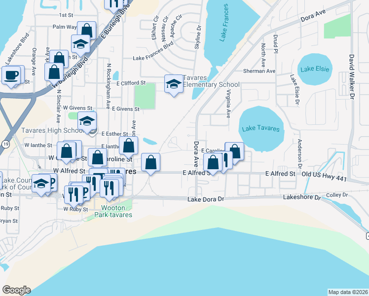 map of restaurants, bars, coffee shops, grocery stores, and more near 501 Louanne Court in Tavares