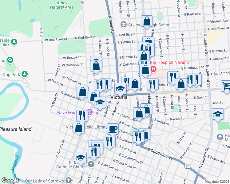 map of restaurants, bars, coffee shops, grocery stores, and more near 1201 North Main Street in Victoria
