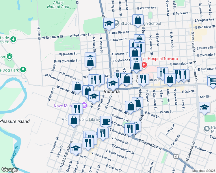 map of restaurants, bars, coffee shops, grocery stores, and more near 1201 North Main Street in Victoria