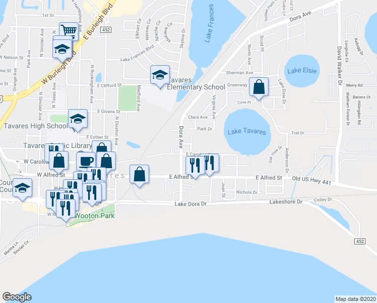 map of restaurants, bars, coffee shops, grocery stores, and more near 501 Ridge Place in Tavares