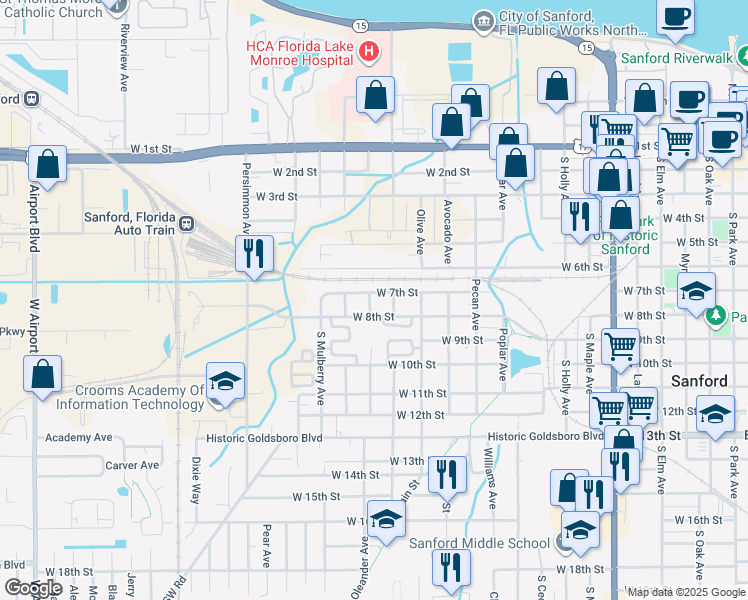 map of restaurants, bars, coffee shops, grocery stores, and more near 1415 West 7th Street in Sanford