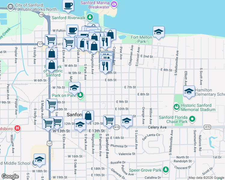 map of restaurants, bars, coffee shops, grocery stores, and more near 704 Cypress Ave in Sanford
