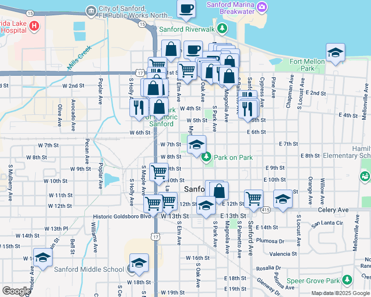 map of restaurants, bars, coffee shops, grocery stores, and more near 301 West 7th Street in Sanford