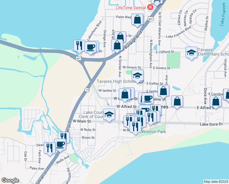 map of restaurants, bars, coffee shops, grocery stores, and more near 417 West Ianthe Street in Tavares