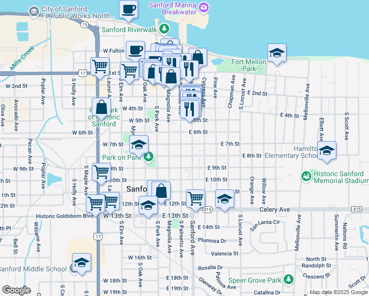 map of restaurants, bars, coffee shops, grocery stores, and more near 705 South Palmetto Avenue in Oviedo