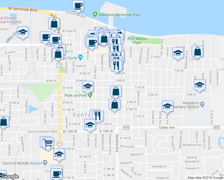 map of restaurants, bars, coffee shops, grocery stores, and more near 705 South Palmetto Avenue in Oviedo