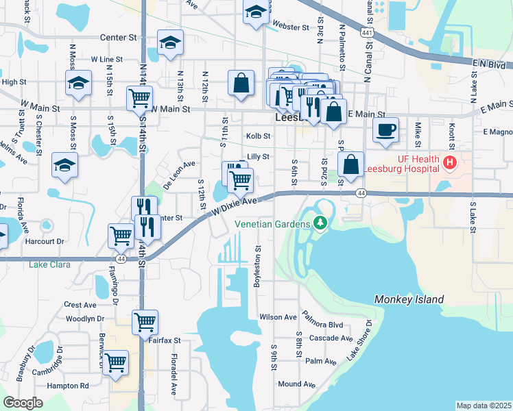map of restaurants, bars, coffee shops, grocery stores, and more near 913 West Dixie Avenue in Leesburg