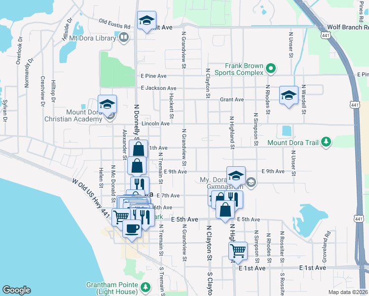 map of restaurants, bars, coffee shops, grocery stores, and more near 1098 North Grandview Street in Mount Dora