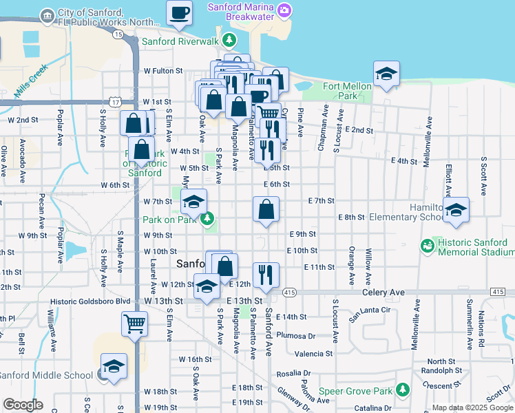map of restaurants, bars, coffee shops, grocery stores, and more near 705 South Palmetto Avenue in Oviedo