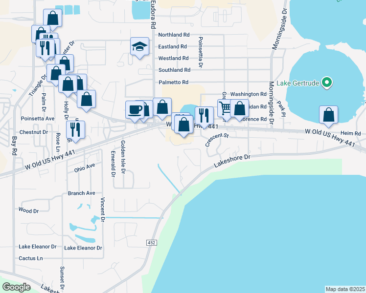 map of restaurants, bars, coffee shops, grocery stores, and more near 2634 McDonald Terrace in Mount Dora