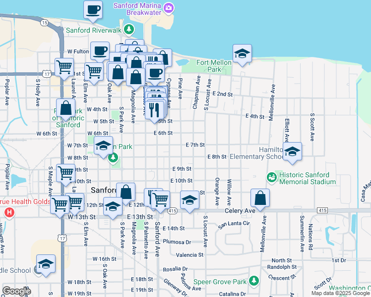 map of restaurants, bars, coffee shops, grocery stores, and more near 705 Pine Ave in Sanford