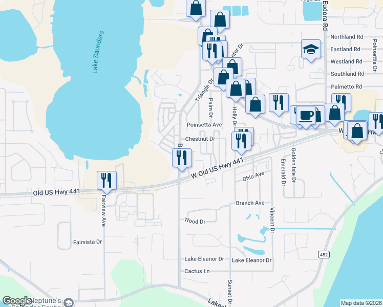 map of restaurants, bars, coffee shops, grocery stores, and more near 4254 Melanie Lane in Mount Dora