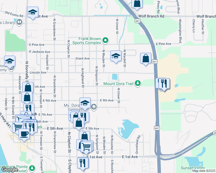 map of restaurants, bars, coffee shops, grocery stores, and more near 1210 East 11th Avenue in Mount Dora