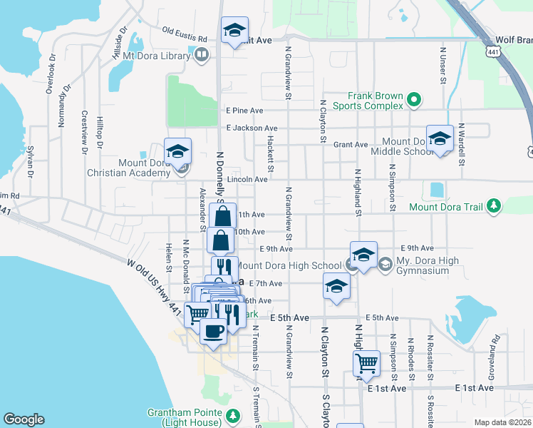 map of restaurants, bars, coffee shops, grocery stores, and more near 315 East 11th Avenue in Mount Dora