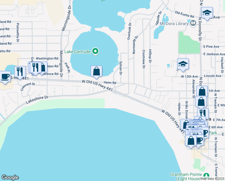 map of restaurants, bars, coffee shops, grocery stores, and more near 1400 West Old US Highway 441 in Mount Dora