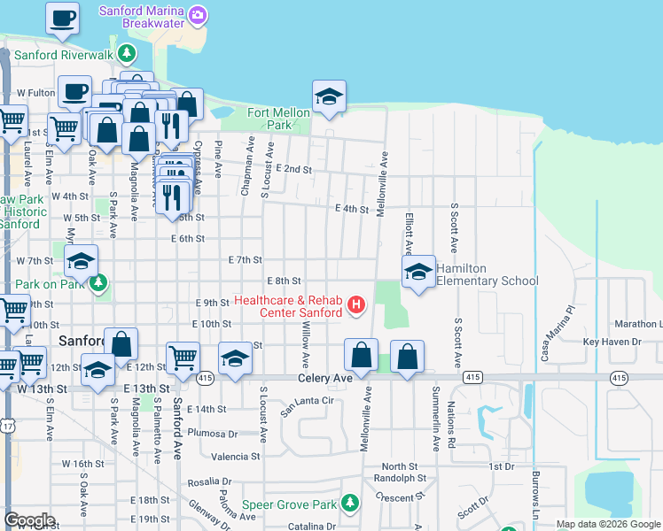 map of restaurants, bars, coffee shops, grocery stores, and more near 703 South Bay Avenue in Sanford