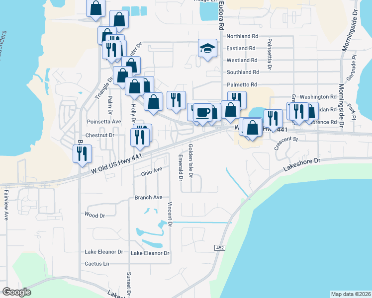map of restaurants, bars, coffee shops, grocery stores, and more near 1165 Ruby Drive in Mount Dora