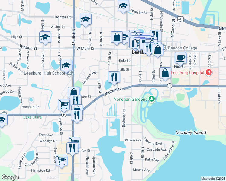 map of restaurants, bars, coffee shops, grocery stores, and more near West Dixie Avenue in Leesburg