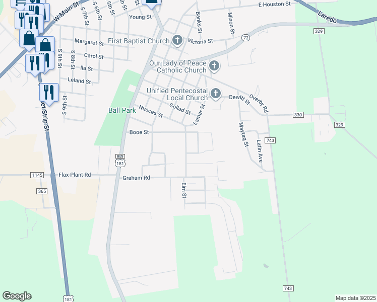 map of restaurants, bars, coffee shops, grocery stores, and more near 1329 Nueces Street in Kenedy