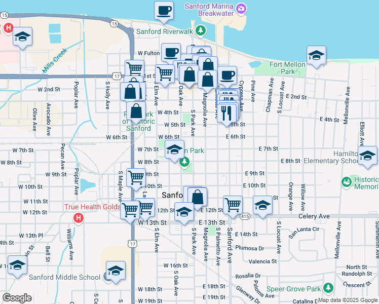map of restaurants, bars, coffee shops, grocery stores, and more near 700 South Park Avenue in Sanford