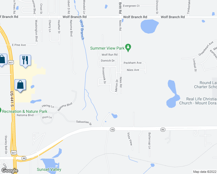 map of restaurants, bars, coffee shops, grocery stores, and more near 1212 Merion Drive in Mount Dora