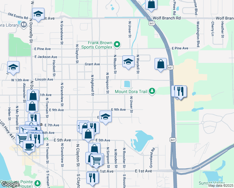 map of restaurants, bars, coffee shops, grocery stores, and more near 1200 East 11th Avenue in Mount Dora
