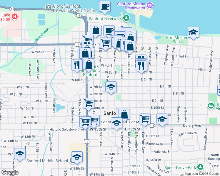 map of restaurants, bars, coffee shops, grocery stores, and more near 701 South Myrtle Avenue in Sanford