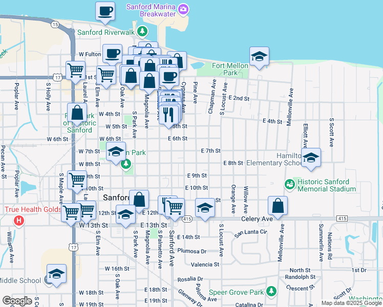 map of restaurants, bars, coffee shops, grocery stores, and more near 705 Pine Avenue in Sanford