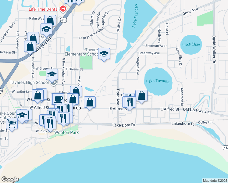map of restaurants, bars, coffee shops, grocery stores, and more near 501 Louanne Court in Tavares