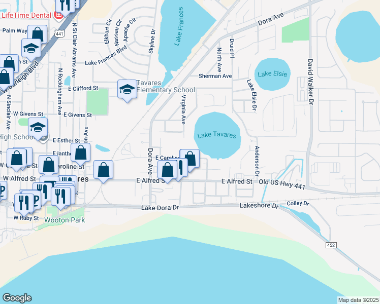 map of restaurants, bars, coffee shops, grocery stores, and more near 1211 East Caroline Street in Tavares
