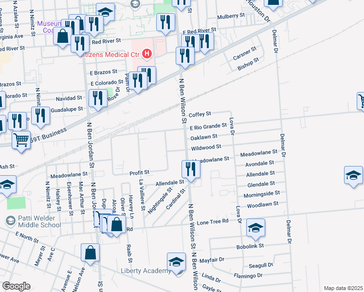 map of restaurants, bars, coffee shops, grocery stores, and more near 1901 North Ben Wilson Street in Victoria