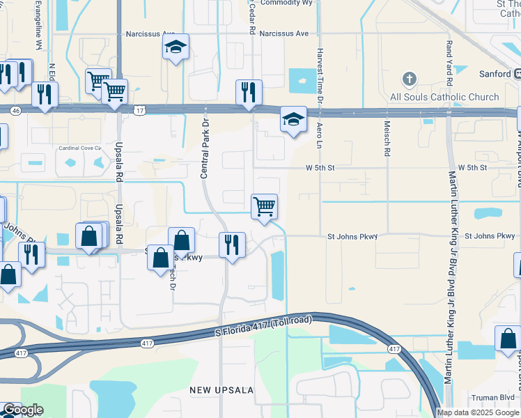 map of restaurants, bars, coffee shops, grocery stores, and more near 361 South White Cedar Road in Sanford