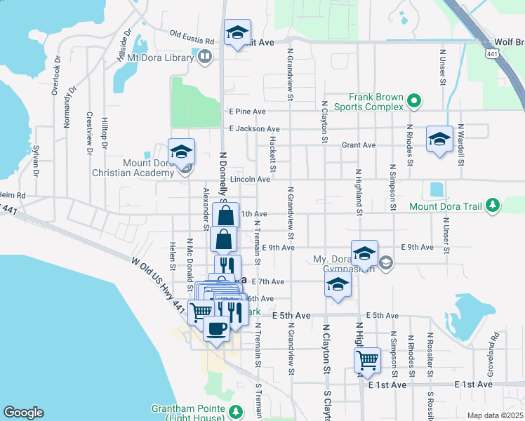 map of restaurants, bars, coffee shops, grocery stores, and more near 305 East 11th Avenue in Mount Dora