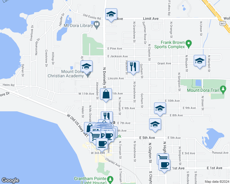 map of restaurants, bars, coffee shops, grocery stores, and more near 221 East 11th Avenue in Mount Dora
