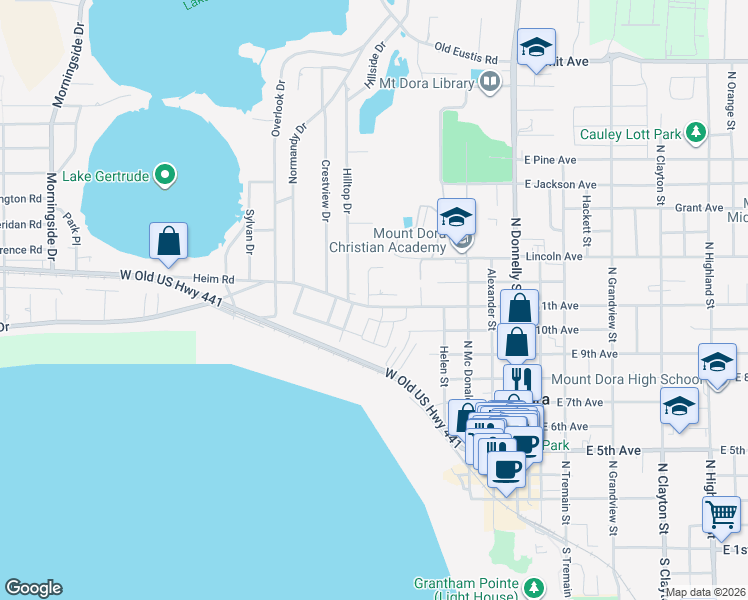 map of restaurants, bars, coffee shops, grocery stores, and more near 668 Clark Court in Mount Dora